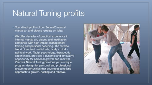 Book a ZenmaX energising martial art - qigong intermezzo, or group balancing session for your yoga retreat, or any other workshop or seminar. 