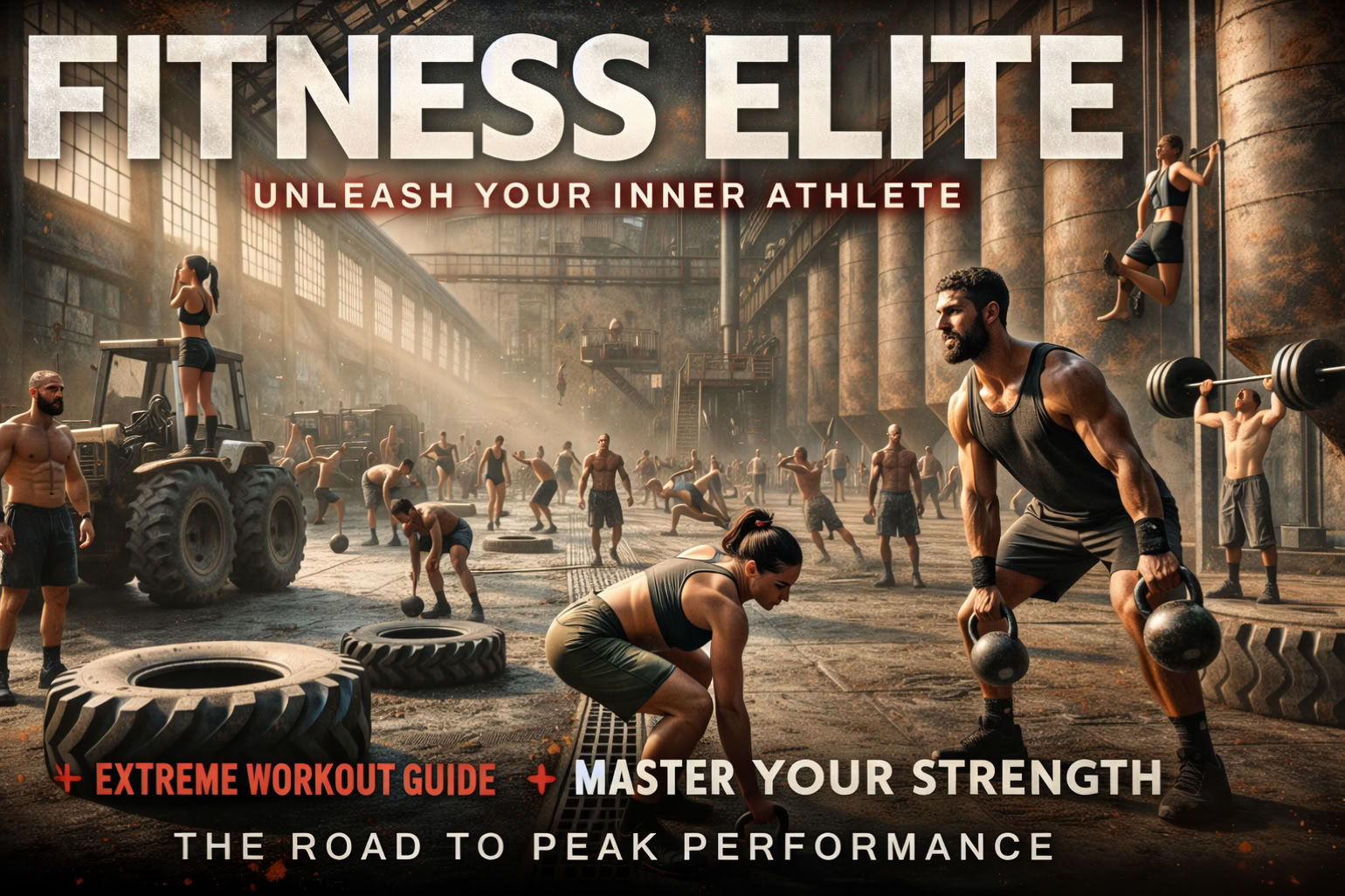 hyper-realistic, grounded scene of a Street Workout session in an industrial urban area in Eastern Europe. The setting includes old factory building